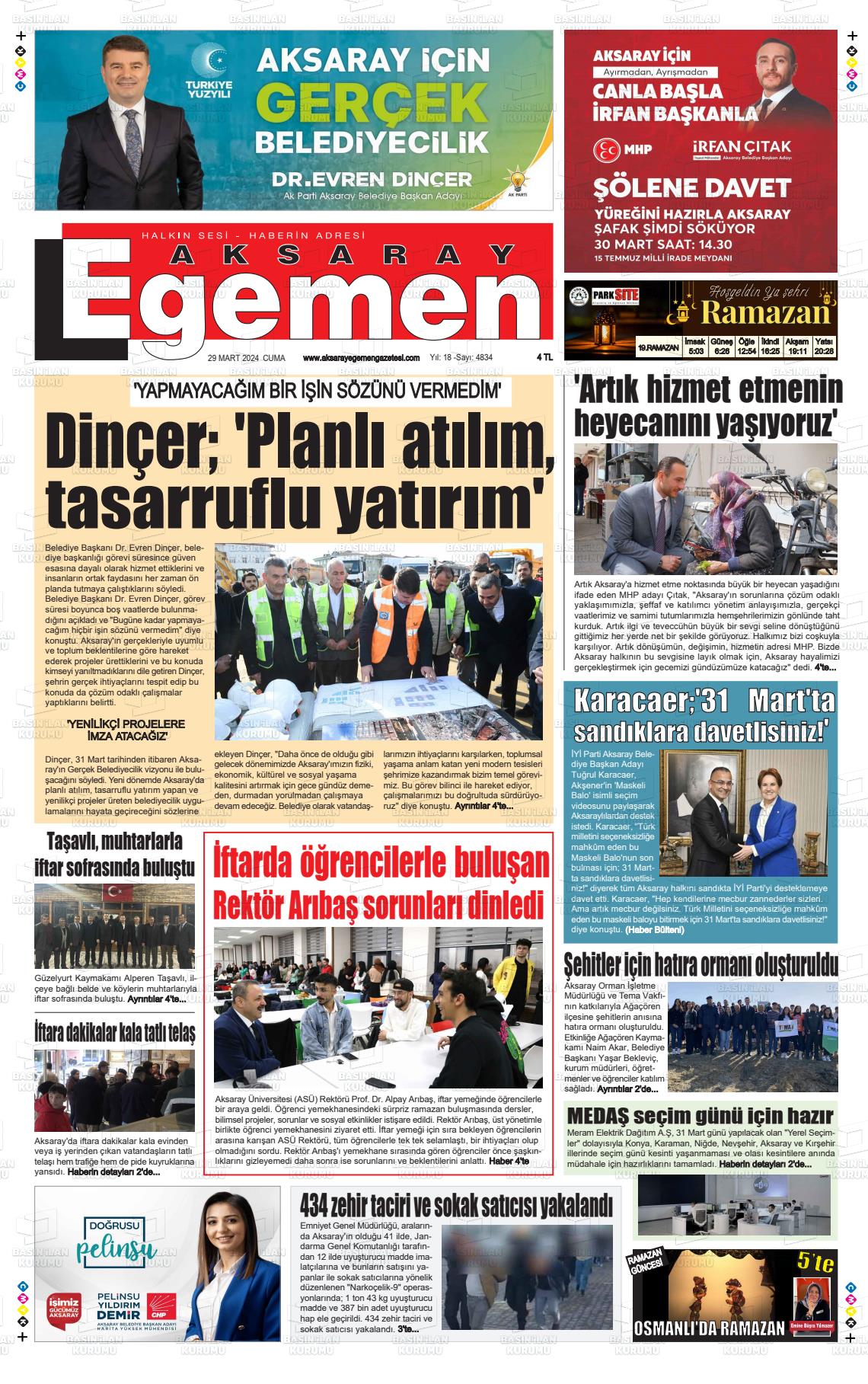 29 Mart 2024 Aksaray Egemen Gazete Manşeti