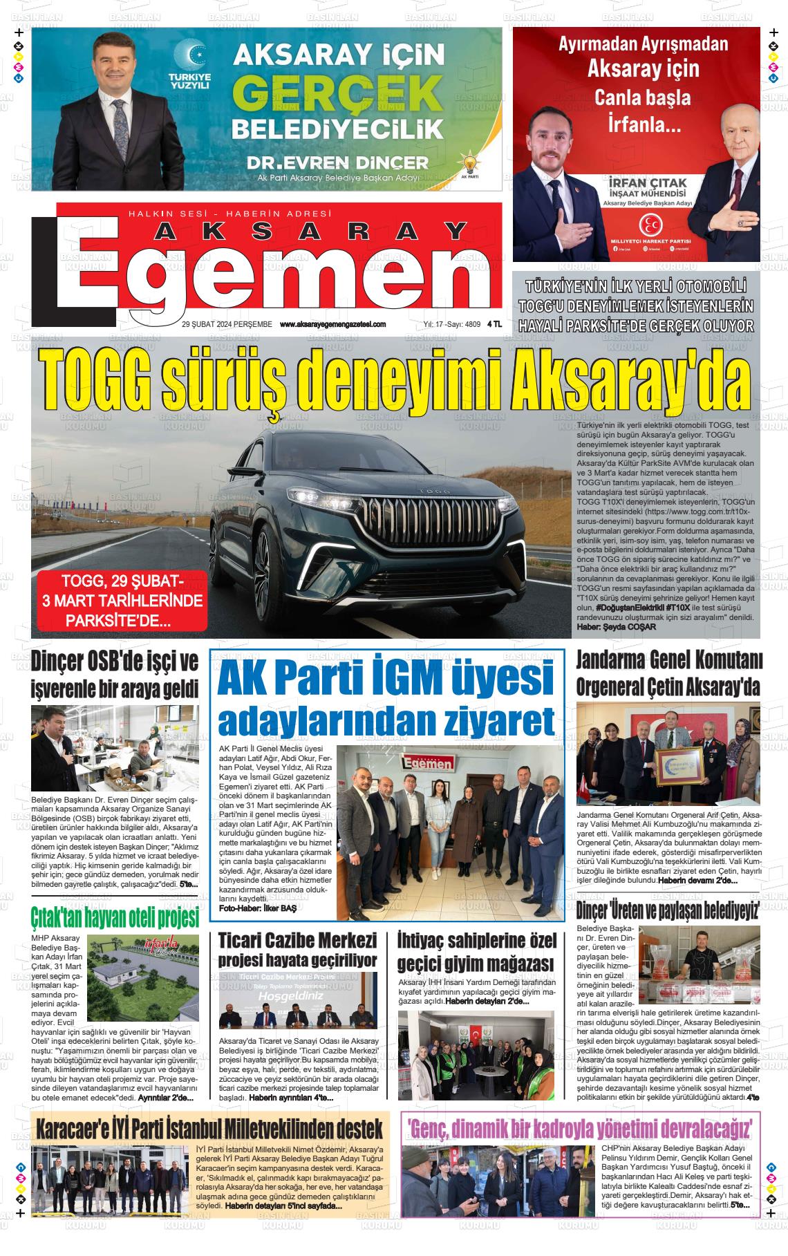 29 Şubat 2024 Aksaray Egemen Gazete Manşeti