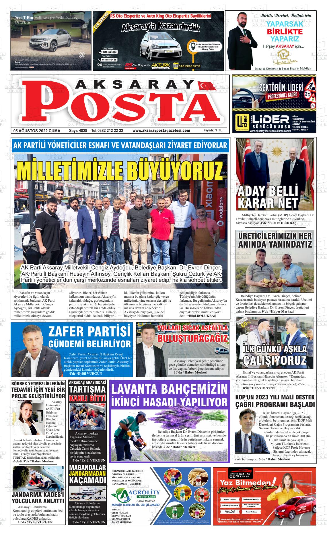 05 Ağustos 2022 Aksaray Posta Gazete Manşeti