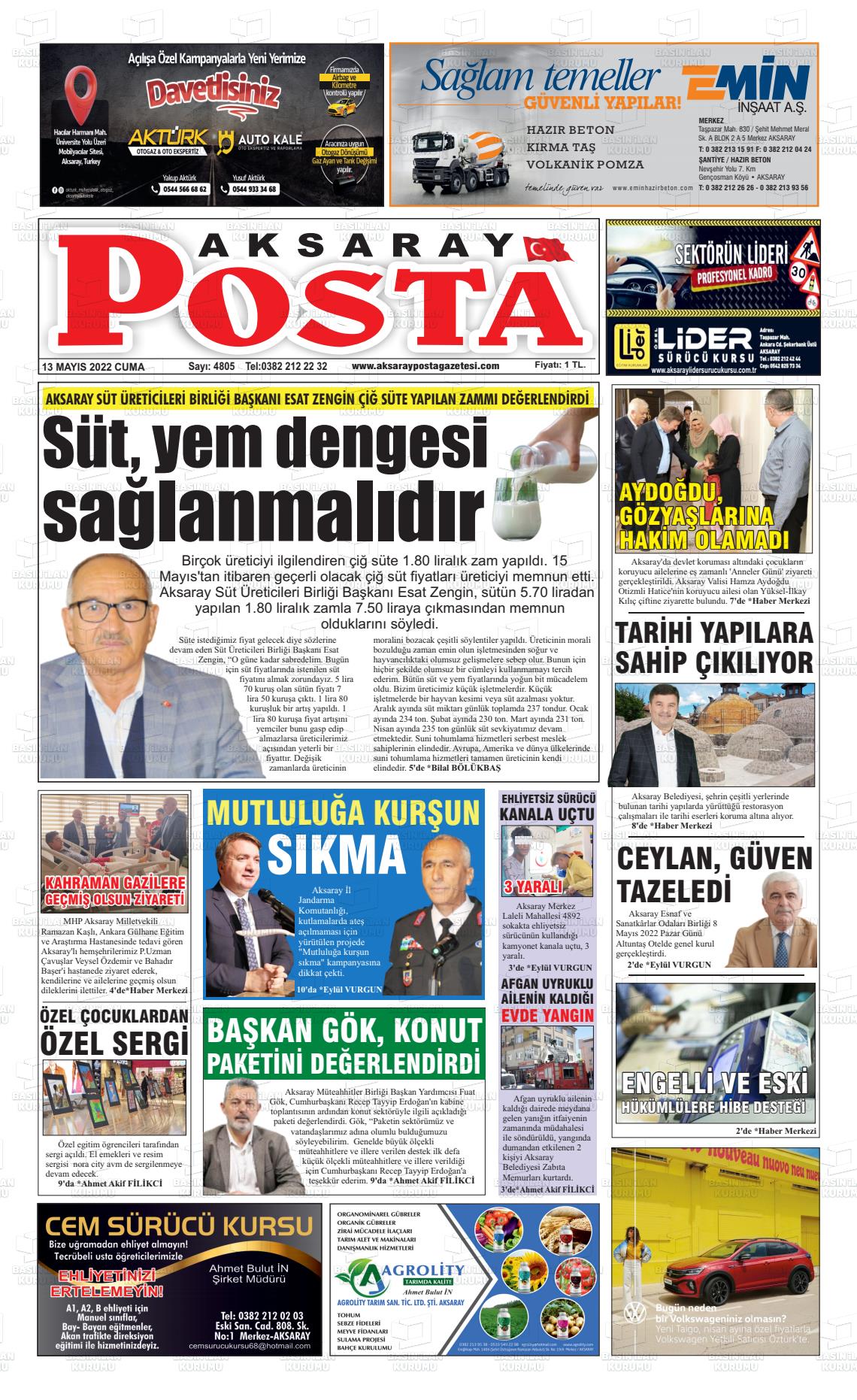 13 Mayıs 2022 Aksaray Posta Gazete Manşeti