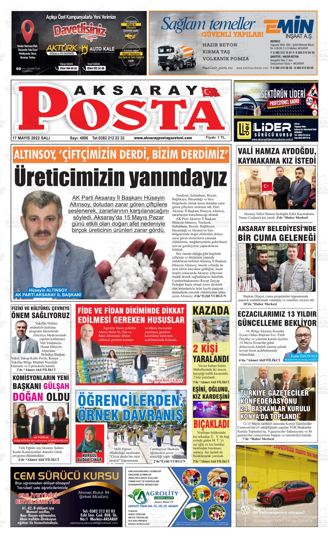 17 Mayıs 2022 Aksaray Posta Gazete Manşeti