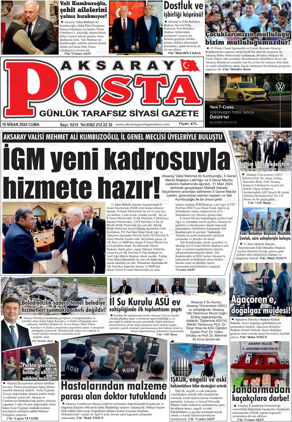 19 Nisan 2024 Aksaray Posta Gazete Manşeti