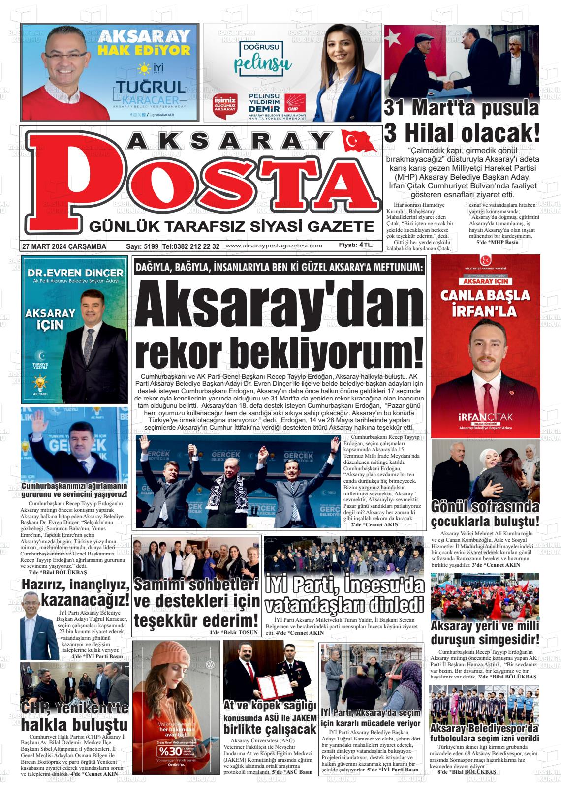 27 Mart 2024 Aksaray Posta Gazete Manşeti