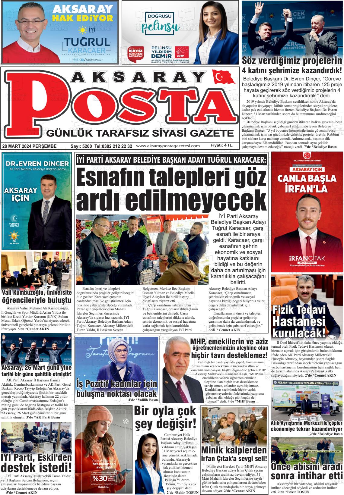 28 Mart 2024 Aksaray Posta Gazete Manşeti