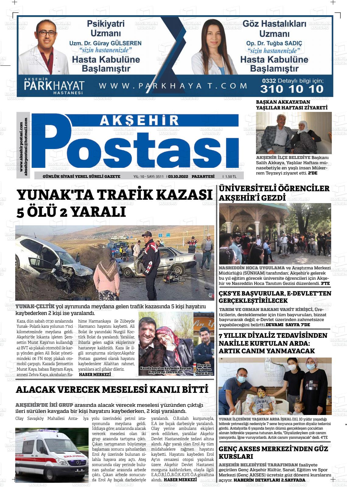 03 Ekim 2022 Akşehir Postasi Gazete Manşeti
