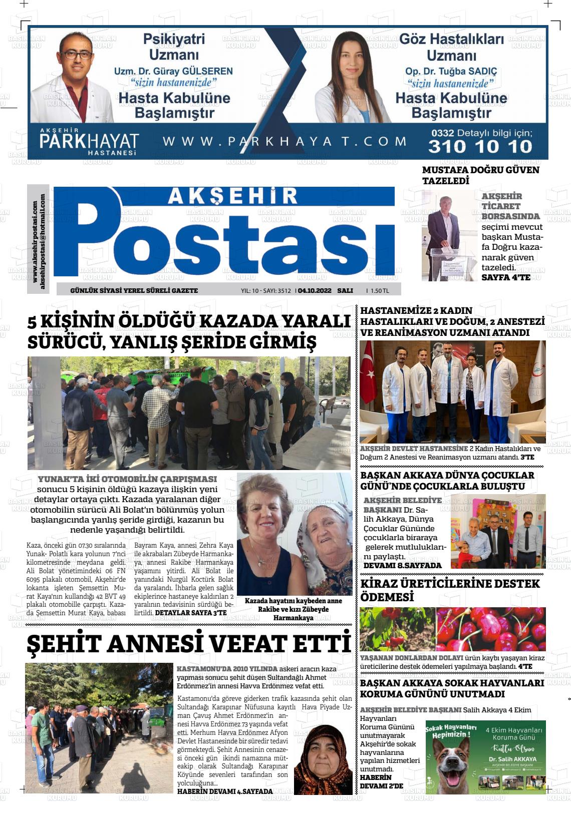 04 Ekim 2022 Akşehir Postasi Gazete Manşeti