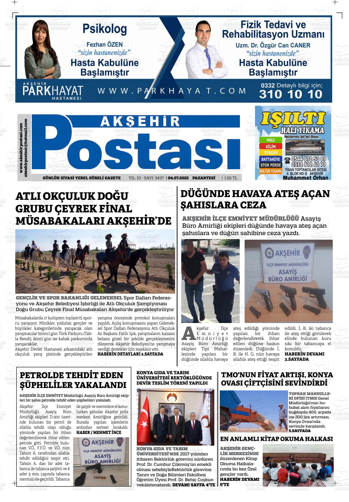 04 Temmuz 2022 Akşehir Postasi Gazete Manşeti
