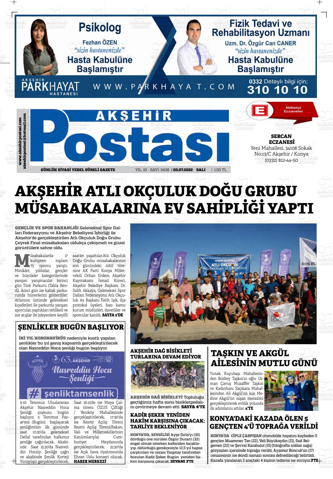 05 Temmuz 2022 Akşehir Postasi Gazete Manşeti