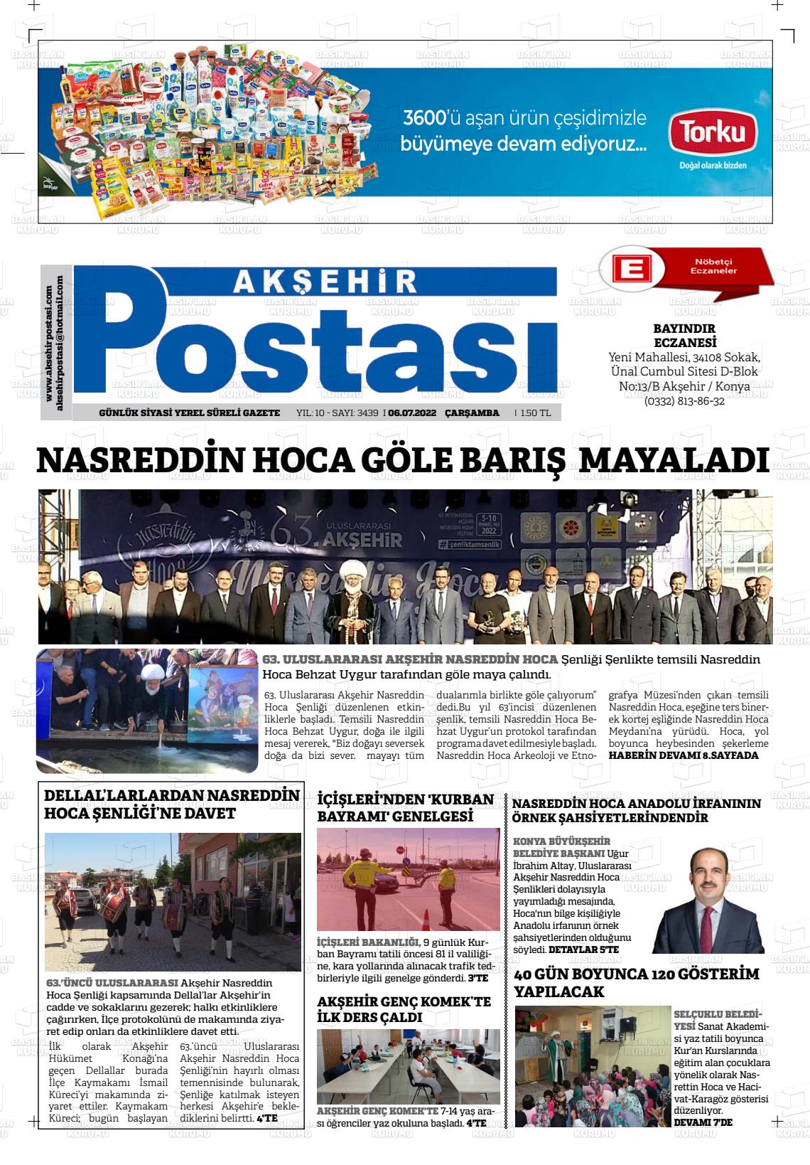 06 Temmuz 2022 Akşehir Postasi Gazete Manşeti