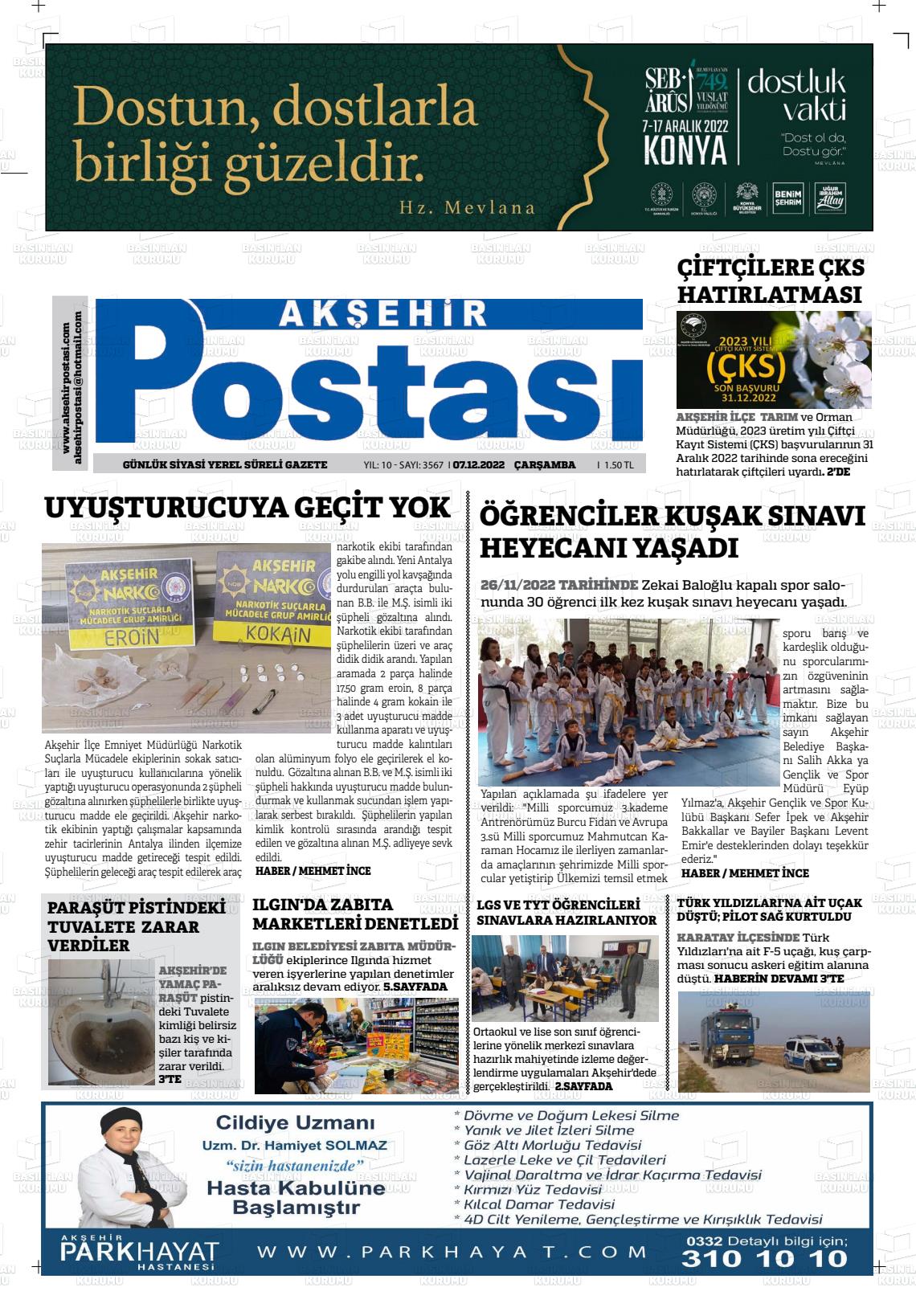 07 Aralık 2022 Akşehir Postasi Gazete Manşeti
