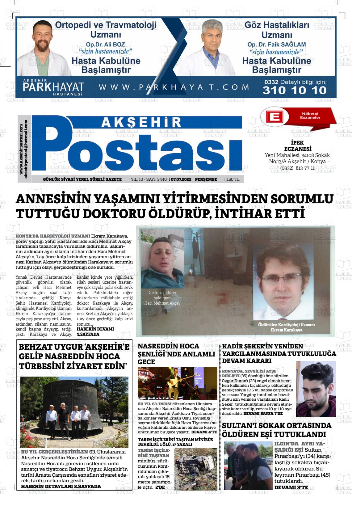 07 Temmuz 2022 Akşehir Postasi Gazete Manşeti