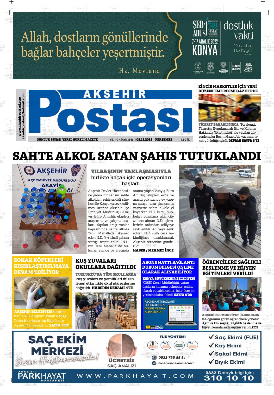 08 Aralık 2022 Akşehir Postasi Gazete Manşeti