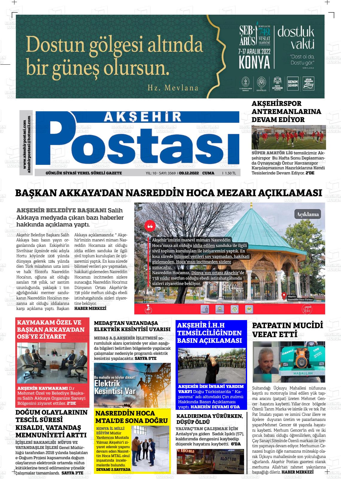 09 Aralık 2022 Akşehir Postasi Gazete Manşeti