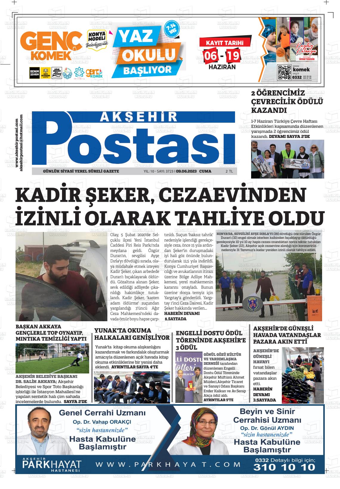 09 Haziran 2023 Akşehir Postasi Gazete Manşeti