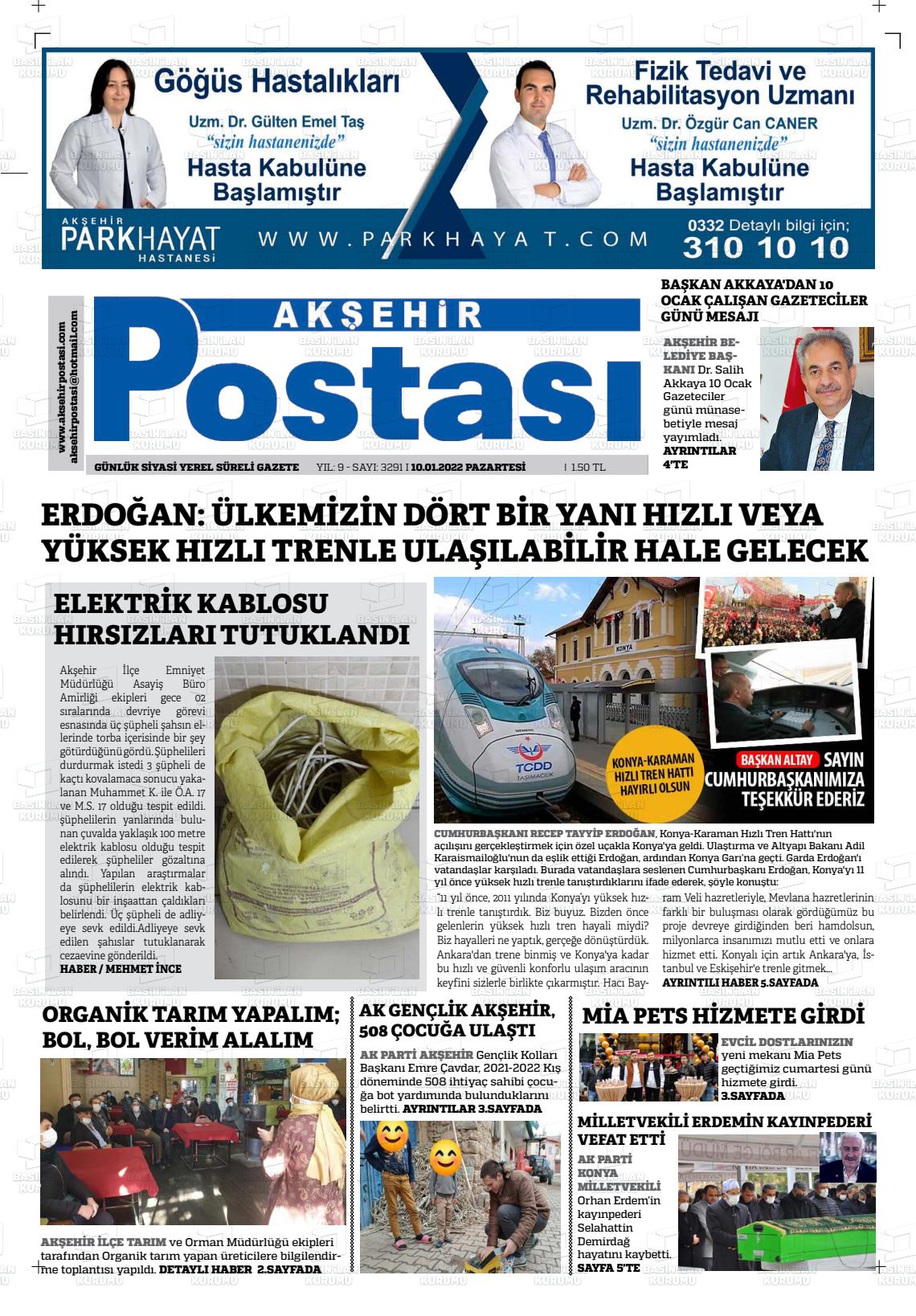 10 Ocak 2022 Akşehir Postasi Gazete Manşeti
