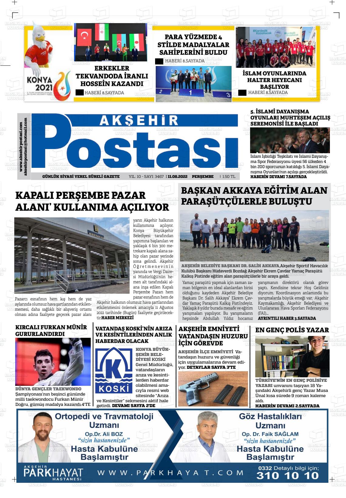11 Ağustos 2022 Akşehir Postasi Gazete Manşeti