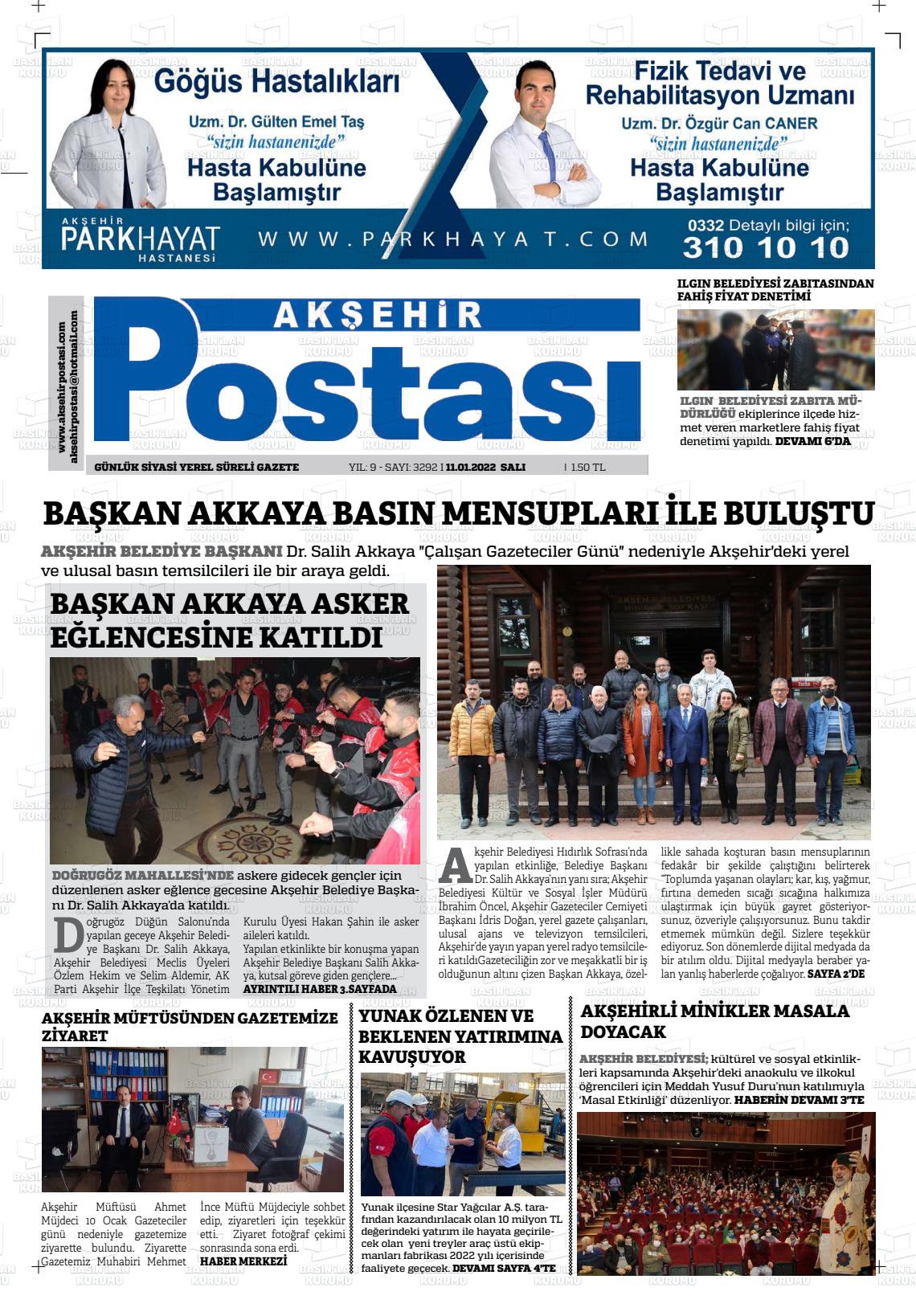 11 Ocak 2022 Akşehir Postasi Gazete Manşeti
