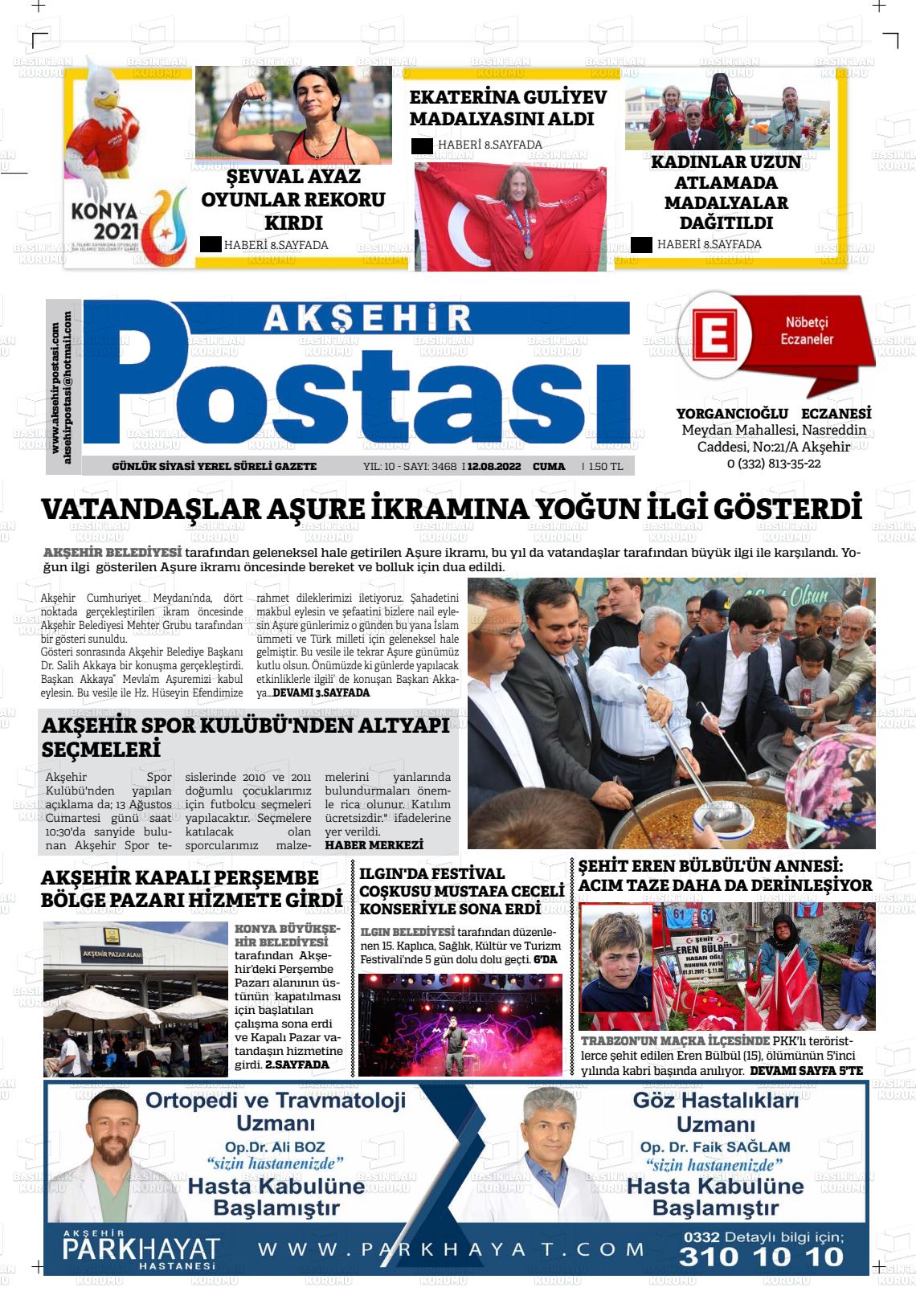 12 Ağustos 2022 Akşehir Postasi Gazete Manşeti