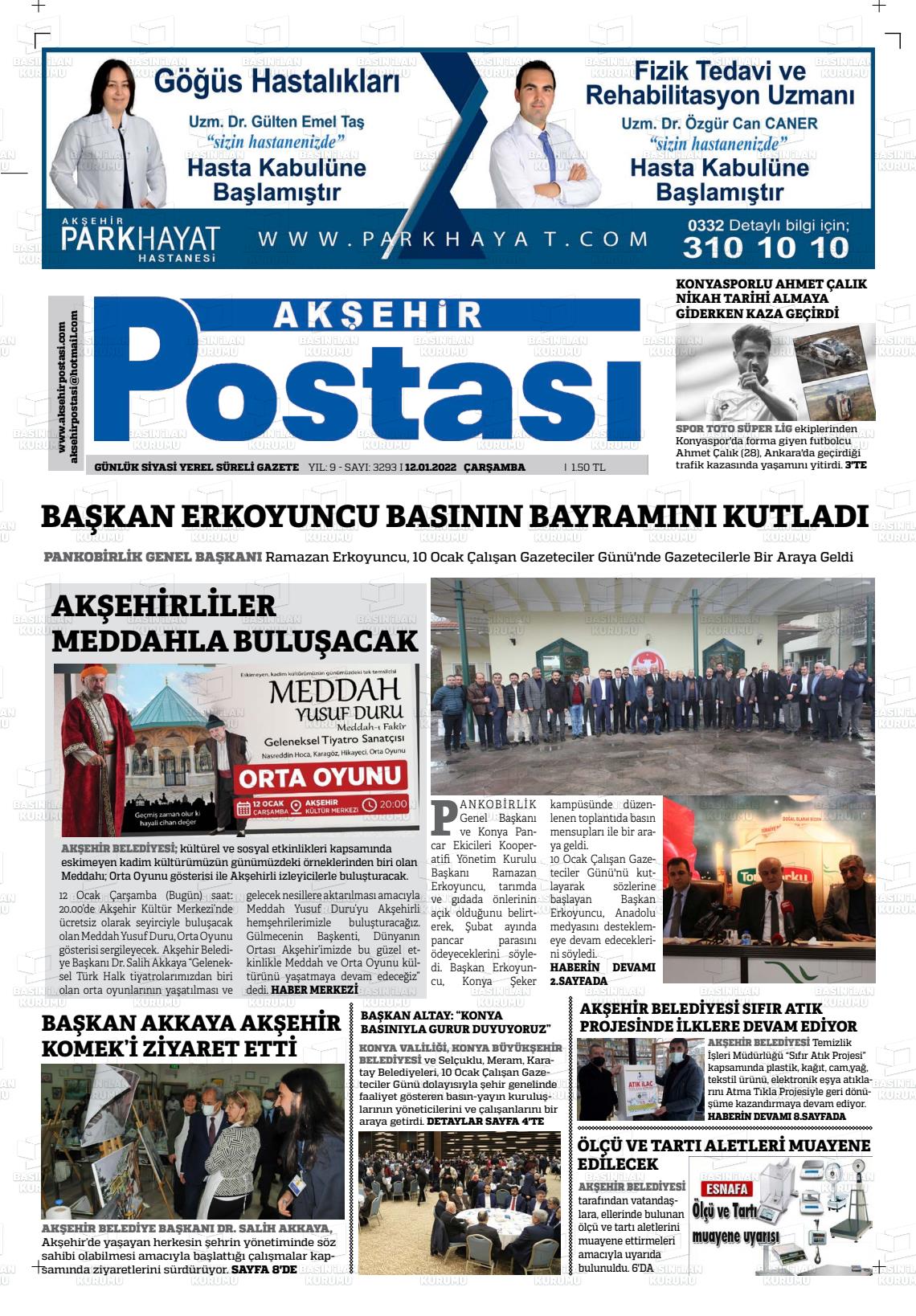 12 Ocak 2022 Akşehir Postasi Gazete Manşeti