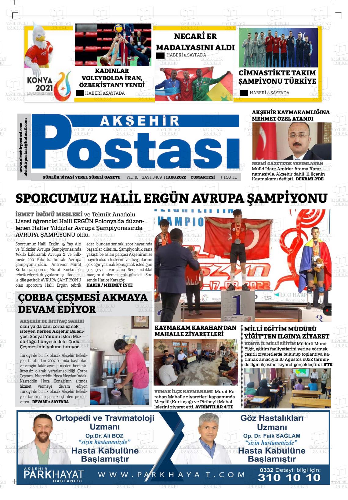 13 Ağustos 2022 Akşehir Postasi Gazete Manşeti