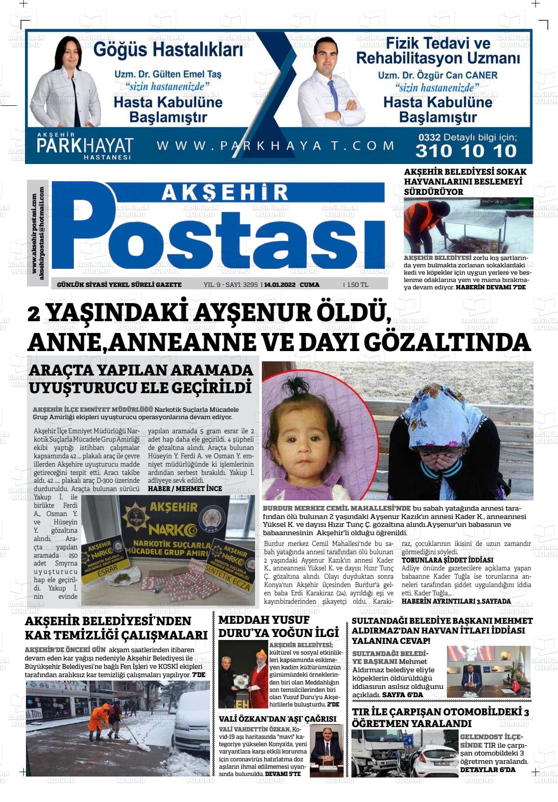 14 Ocak 2022 Akşehir Postasi Gazete Manşeti