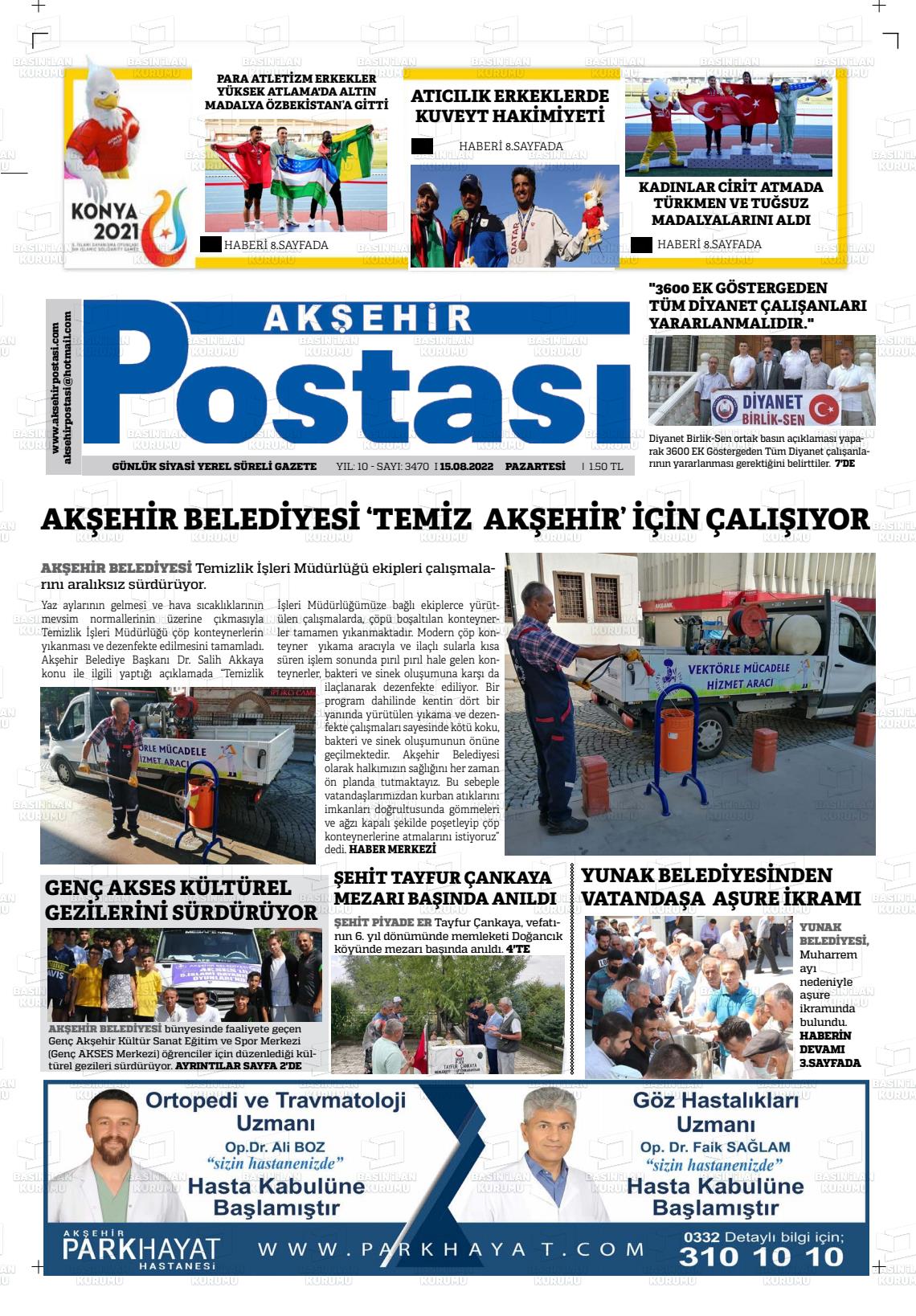 15 Ağustos 2022 Akşehir Postasi Gazete Manşeti