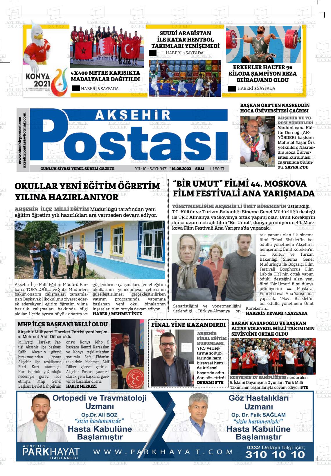 16 Ağustos 2022 Akşehir Postasi Gazete Manşeti