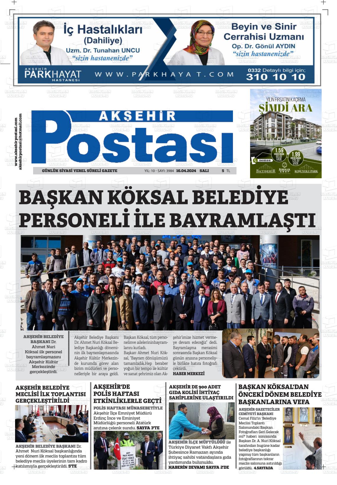 18 Nisan 2024 Akşehir Postasi Gazete Manşeti