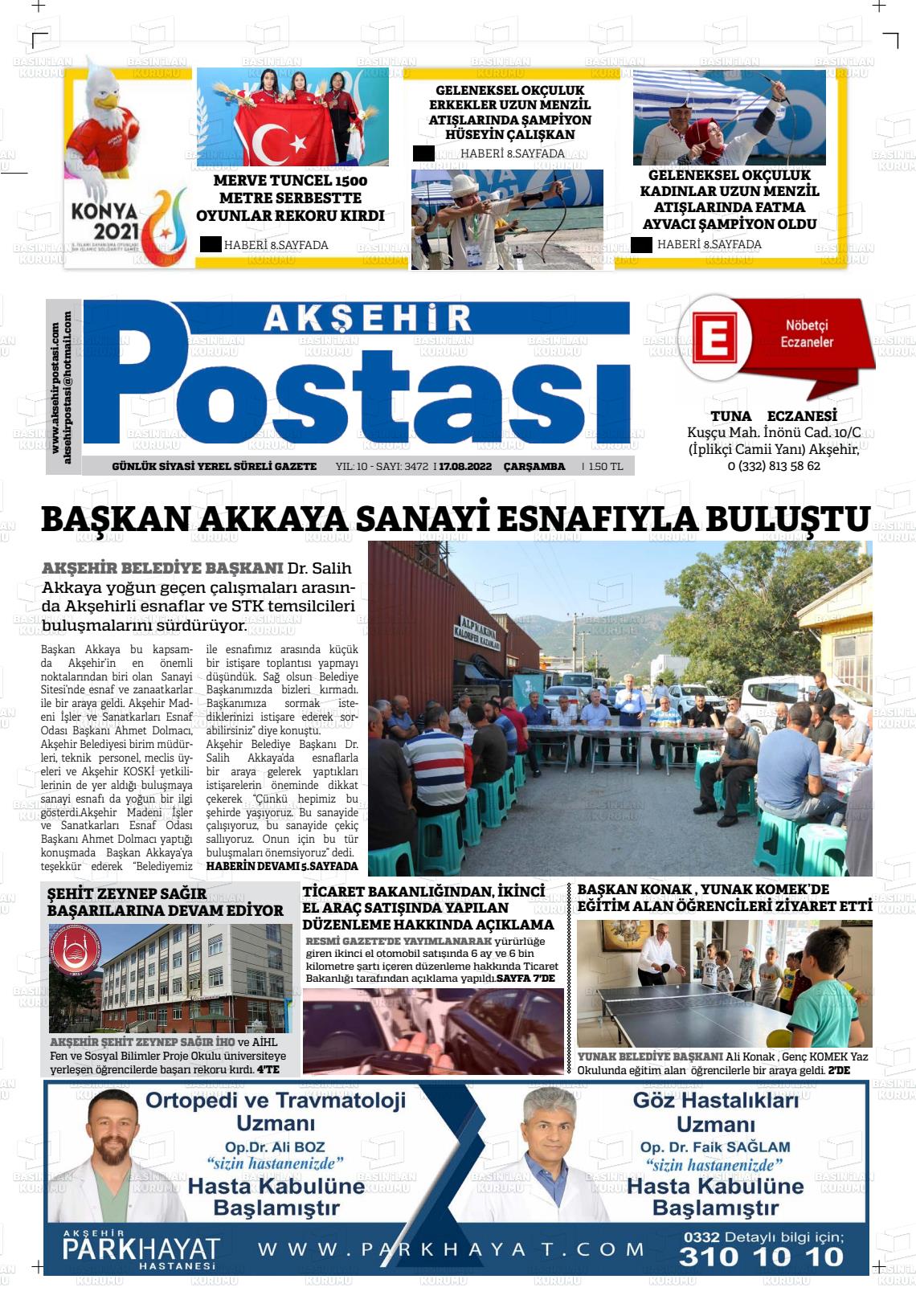 17 Ağustos 2022 Akşehir Postasi Gazete Manşeti