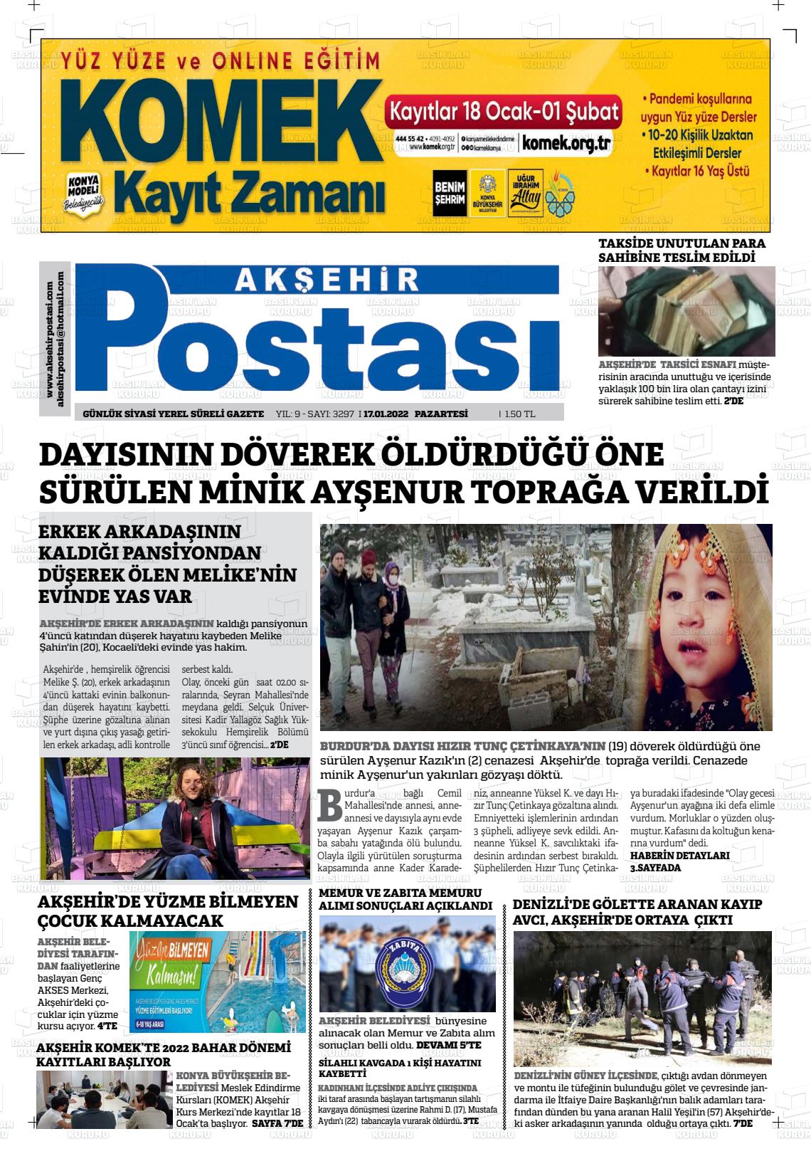 17 Ocak 2022 Akşehir Postasi Gazete Manşeti