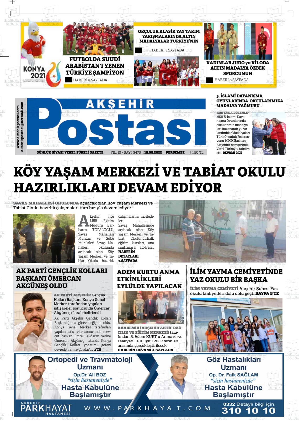 18 Ağustos 2022 Akşehir Postasi Gazete Manşeti