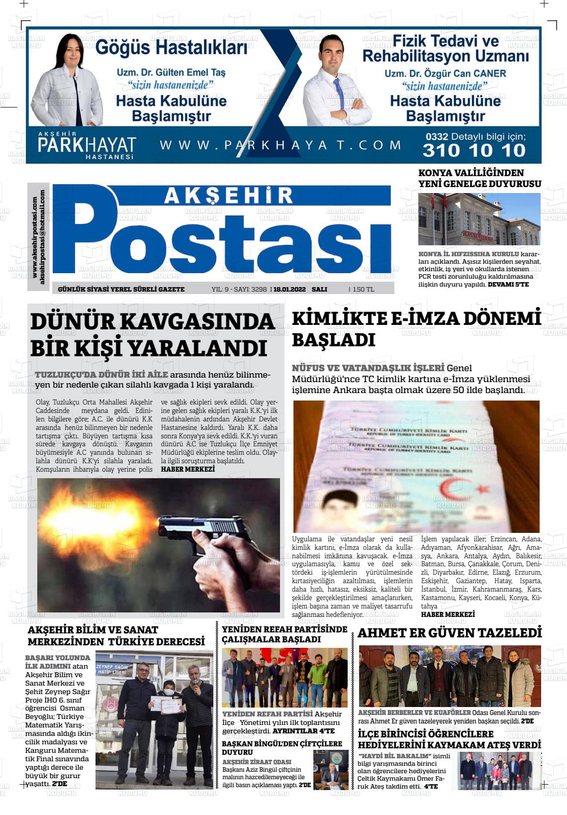 18 Ocak 2022 Akşehir Postasi Gazete Manşeti