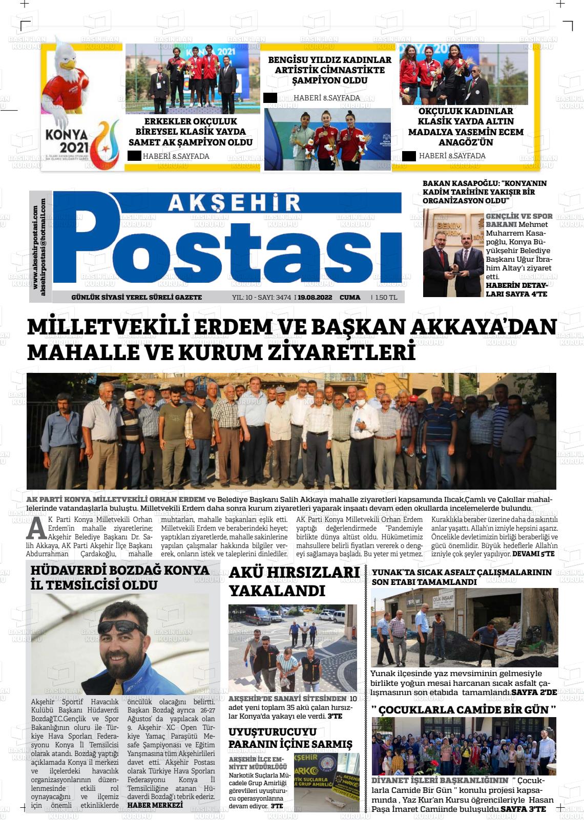 19 Ağustos 2022 Akşehir Postasi Gazete Manşeti