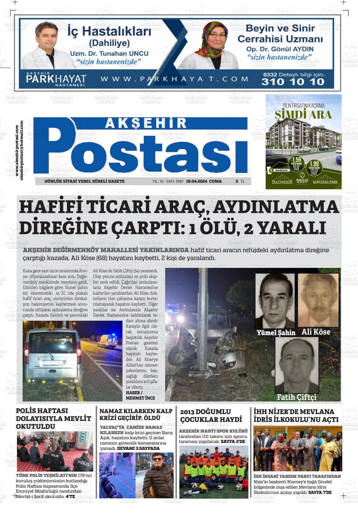 20 Nisan 2024 Akşehir Postasi Gazete Manşeti