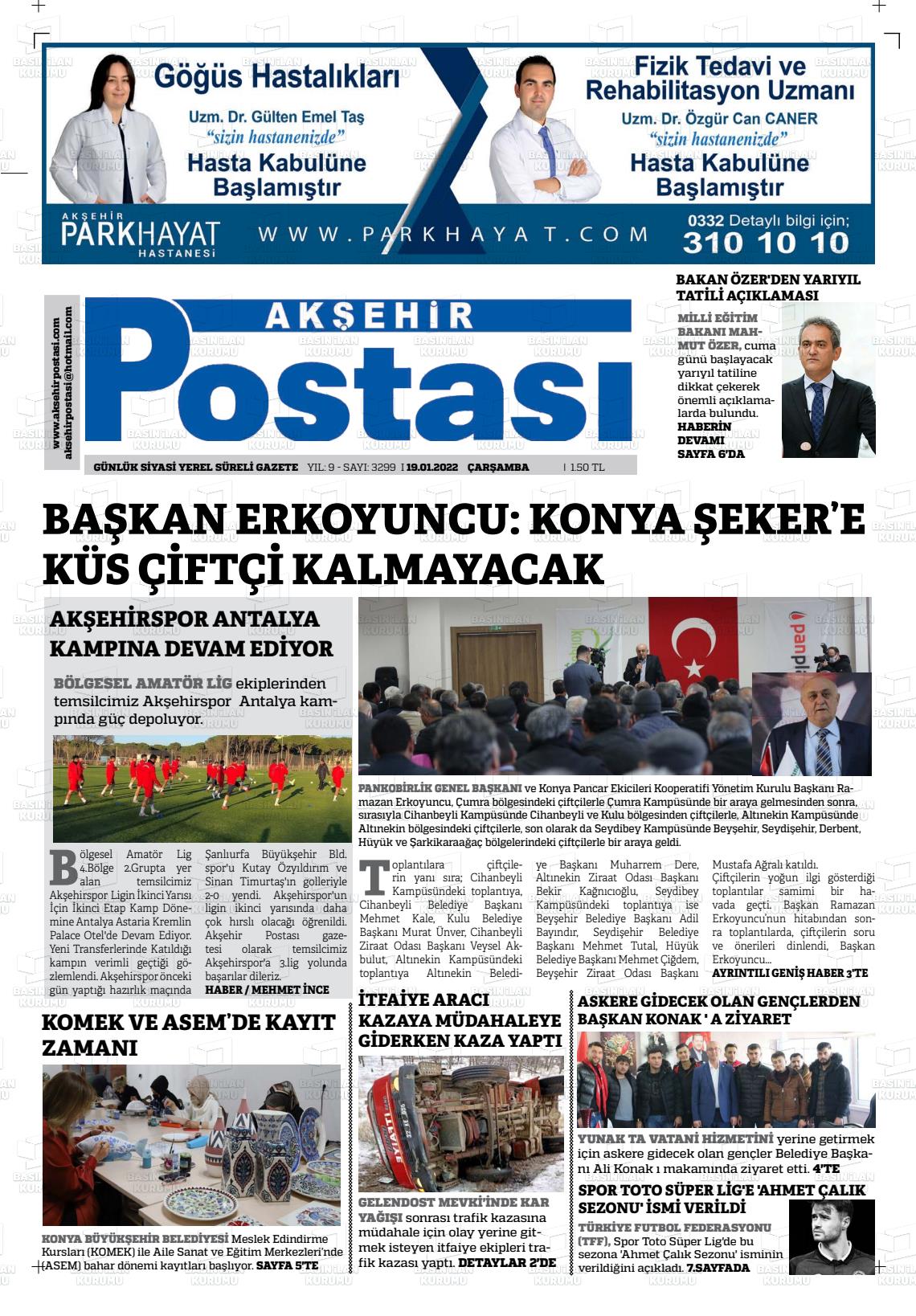 19 Ocak 2022 Akşehir Postasi Gazete Manşeti