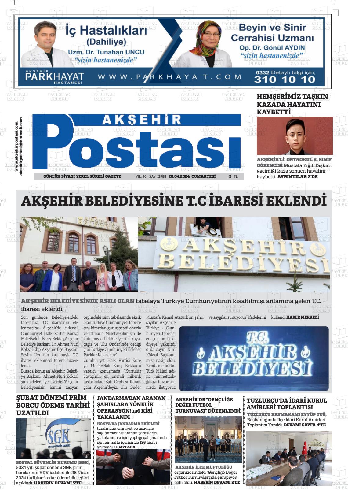 20 Nisan 2024 Akşehir Postasi Gazete Manşeti