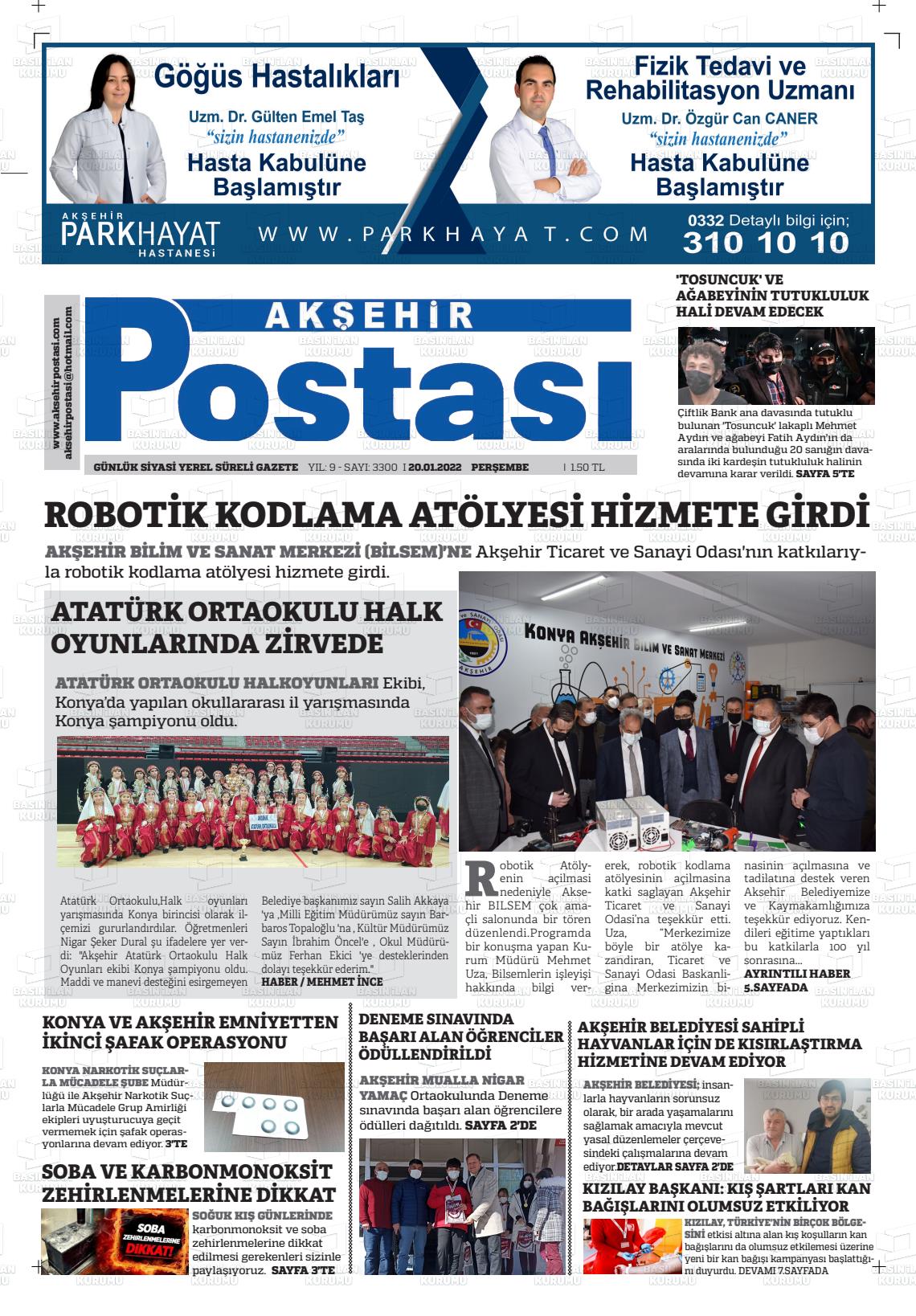 20 Ocak 2022 Akşehir Postasi Gazete Manşeti