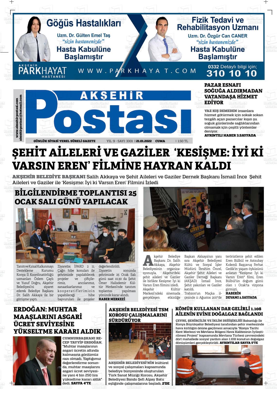 21 Ocak 2022 Akşehir Postasi Gazete Manşeti