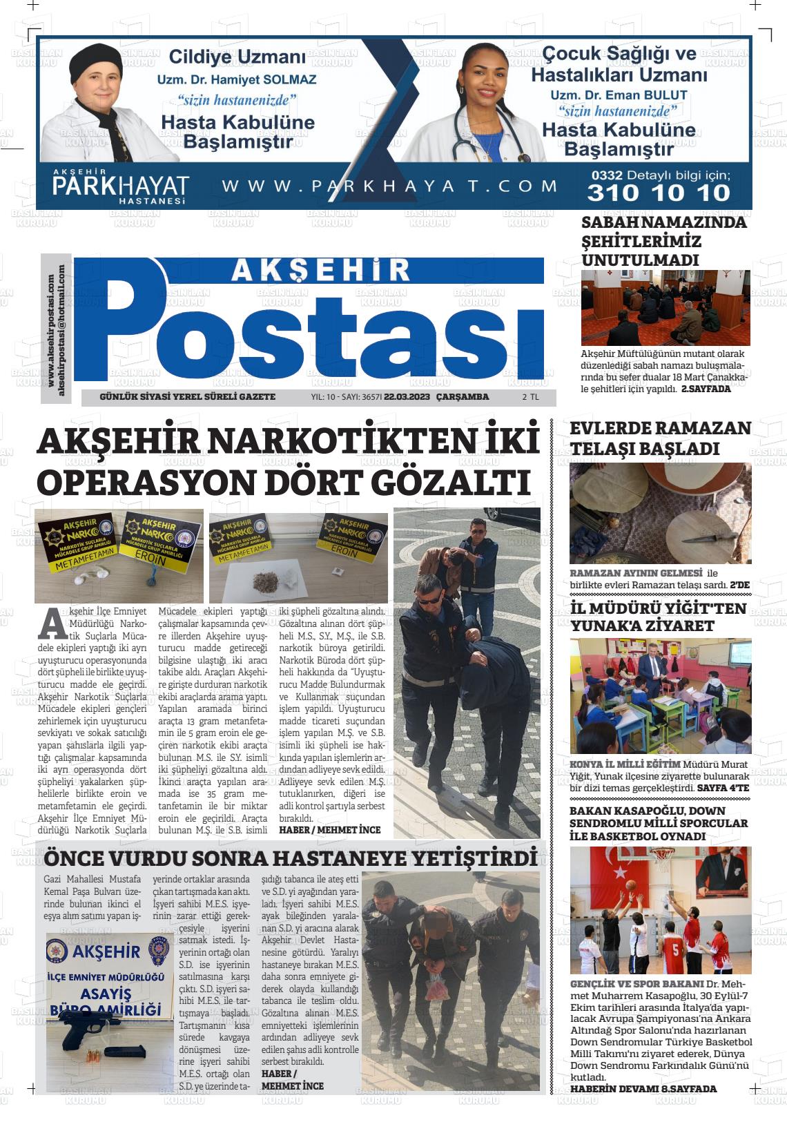 22 Mart 2023 Akşehir Postasi Gazete Manşeti