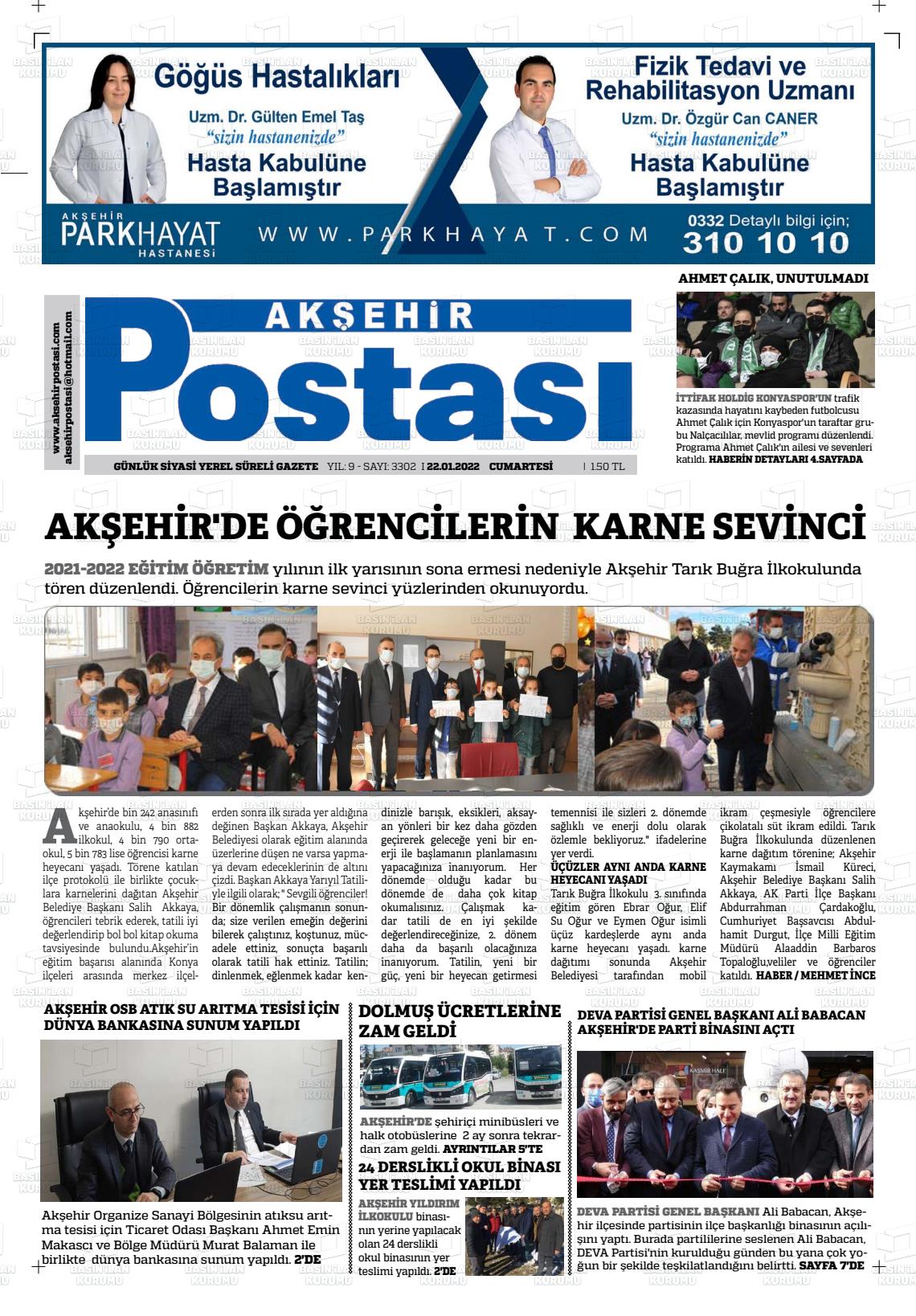 22 Ocak 2022 Akşehir Postasi Gazete Manşeti