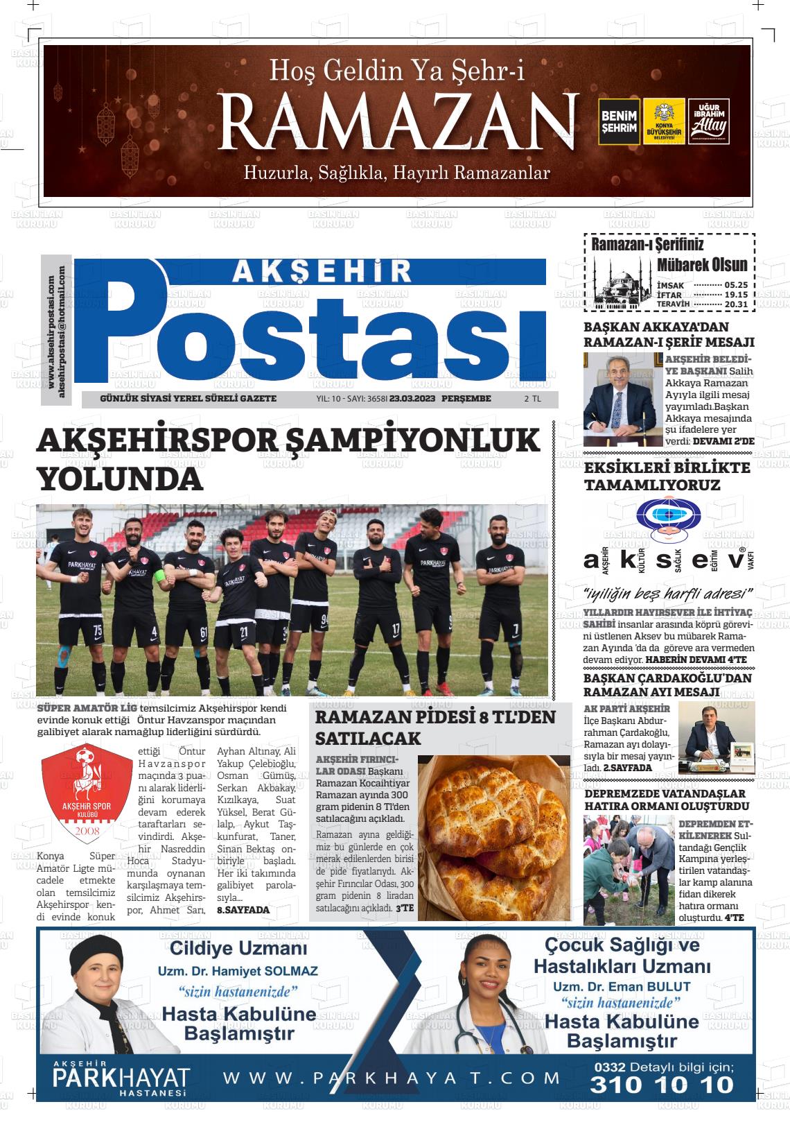 23 Mart 2023 Akşehir Postasi Gazete Manşeti