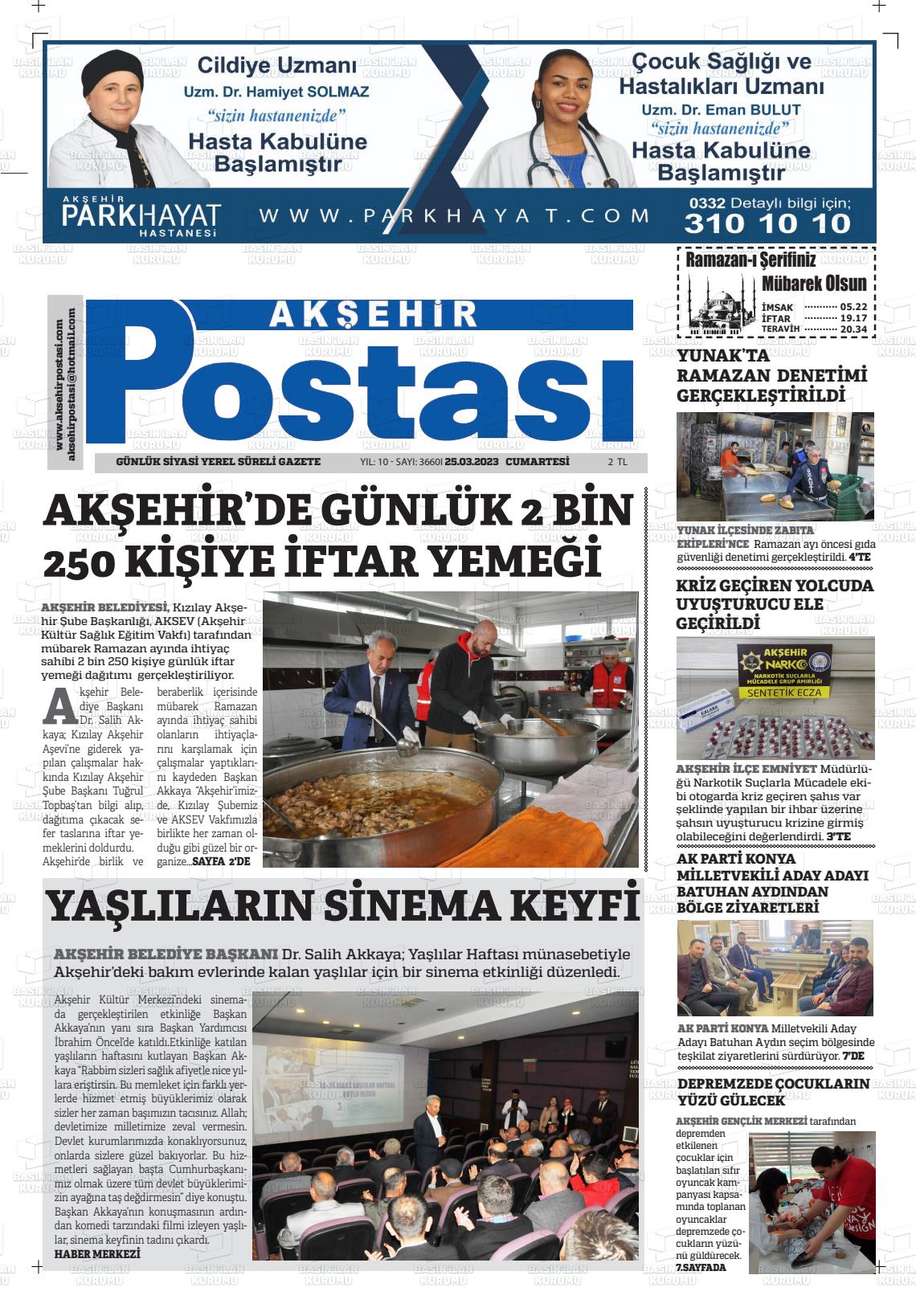 25 Mart 2023 Akşehir Postasi Gazete Manşeti