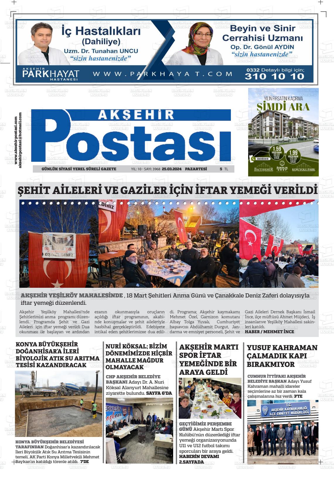 25 Mart 2024 Akşehir Postasi Gazete Manşeti