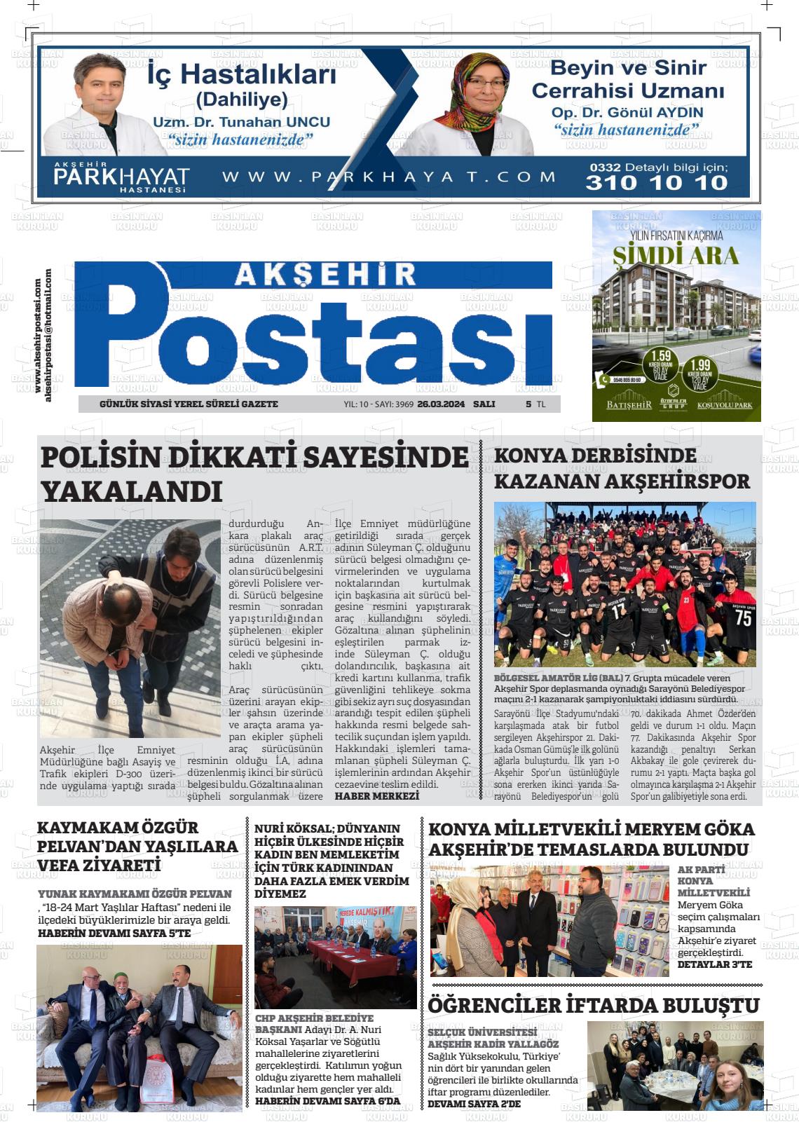 26 Mart 2024 Akşehir Postasi Gazete Manşeti