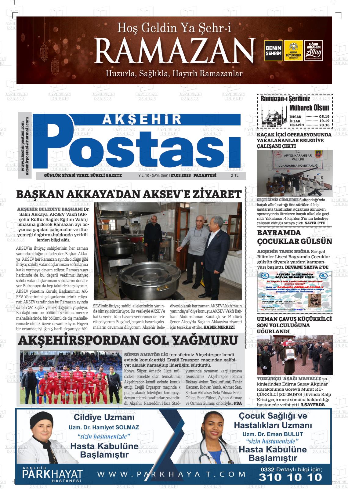 27 Mart 2023 Akşehir Postasi Gazete Manşeti