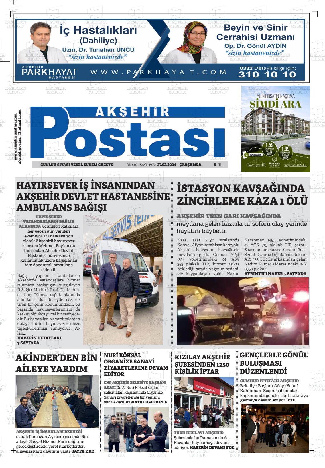 27 Mart 2024 Akşehir Postasi Gazete Manşeti