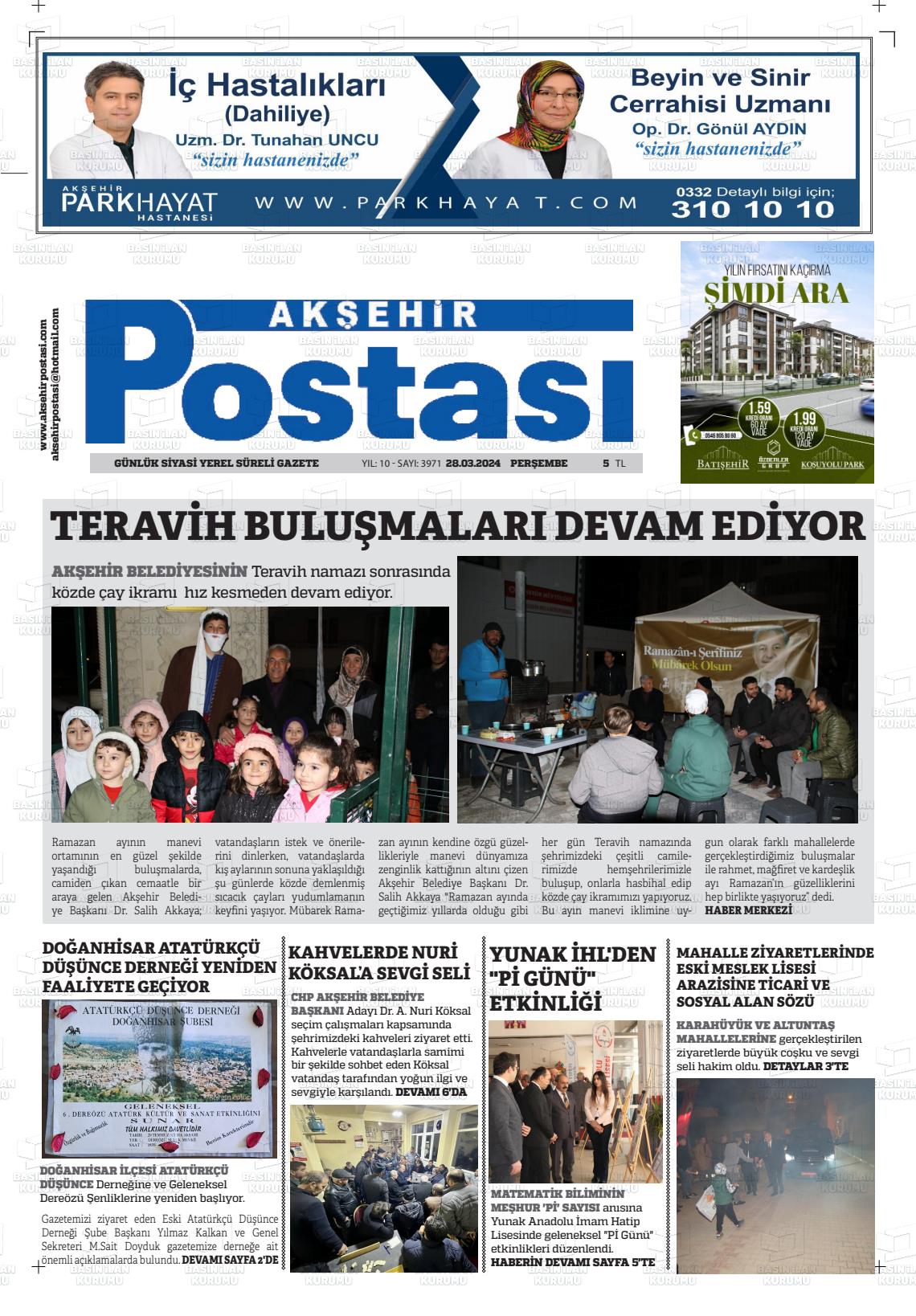 28 Mart 2024 Akşehir Postasi Gazete Manşeti