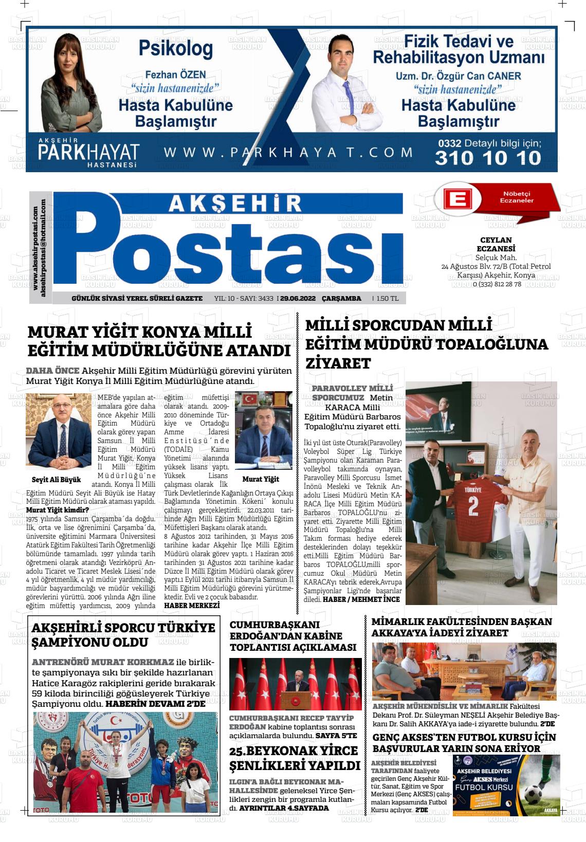 29 Haziran 2022 Akşehir Postasi Gazete Manşeti