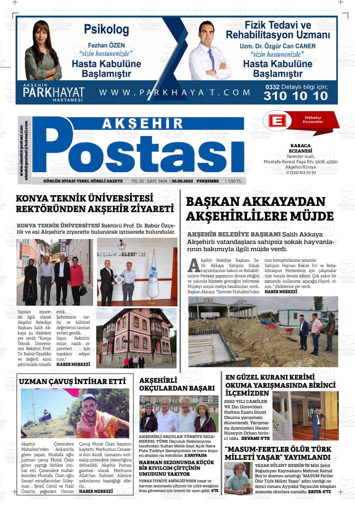 02 Temmuz 2022 Akşehir Postasi Gazete Manşeti