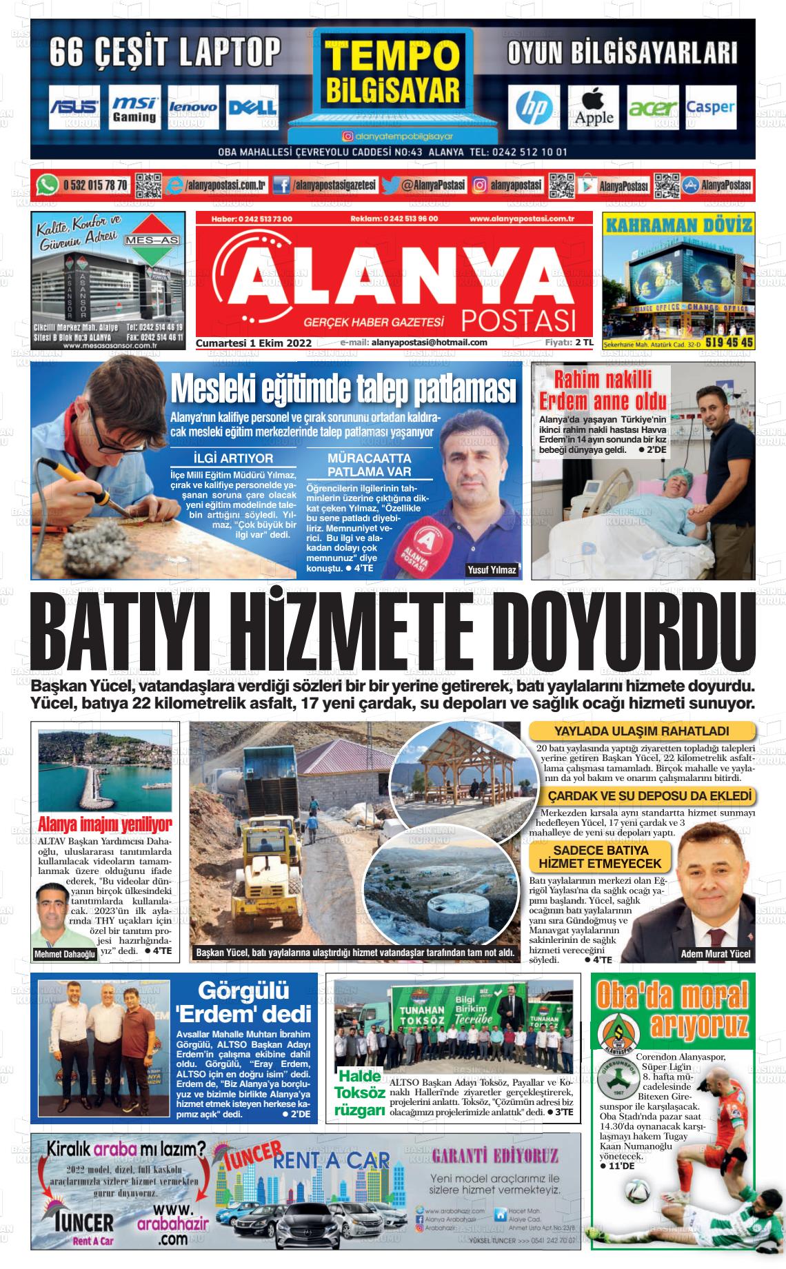 01 Ekim 2022 Alanya Postası Gazete Manşeti